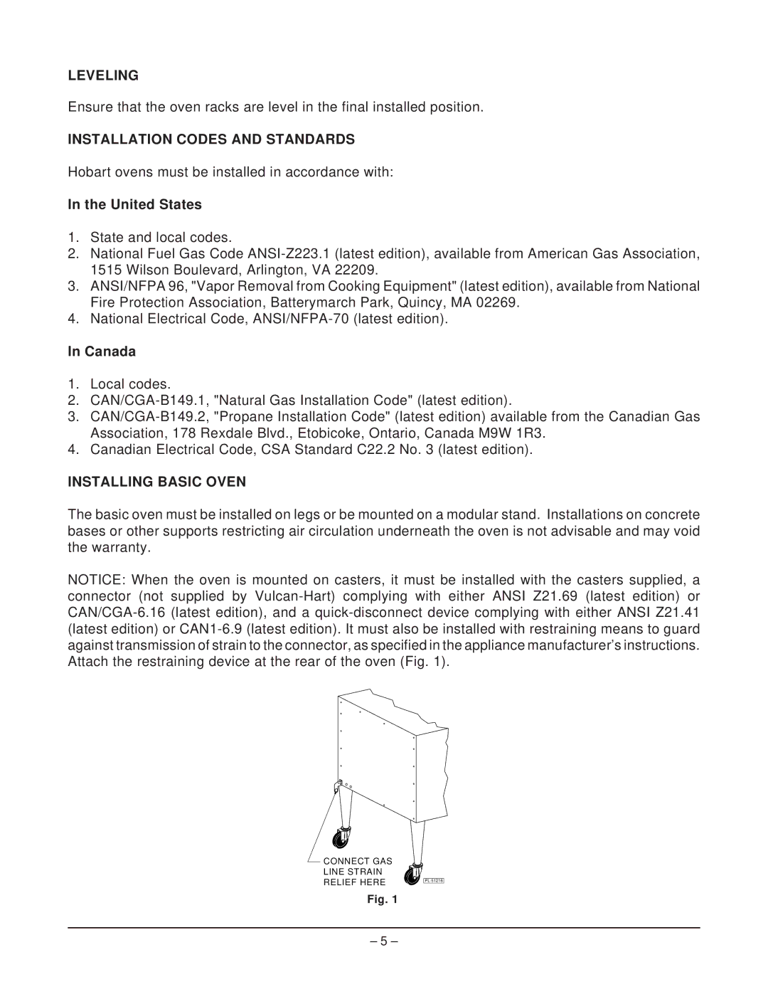 Hobart HGC60, HGC40, DGC1 manual Leveling, Installation Codes and Standards, United States, Canada, Installing Basic Oven 