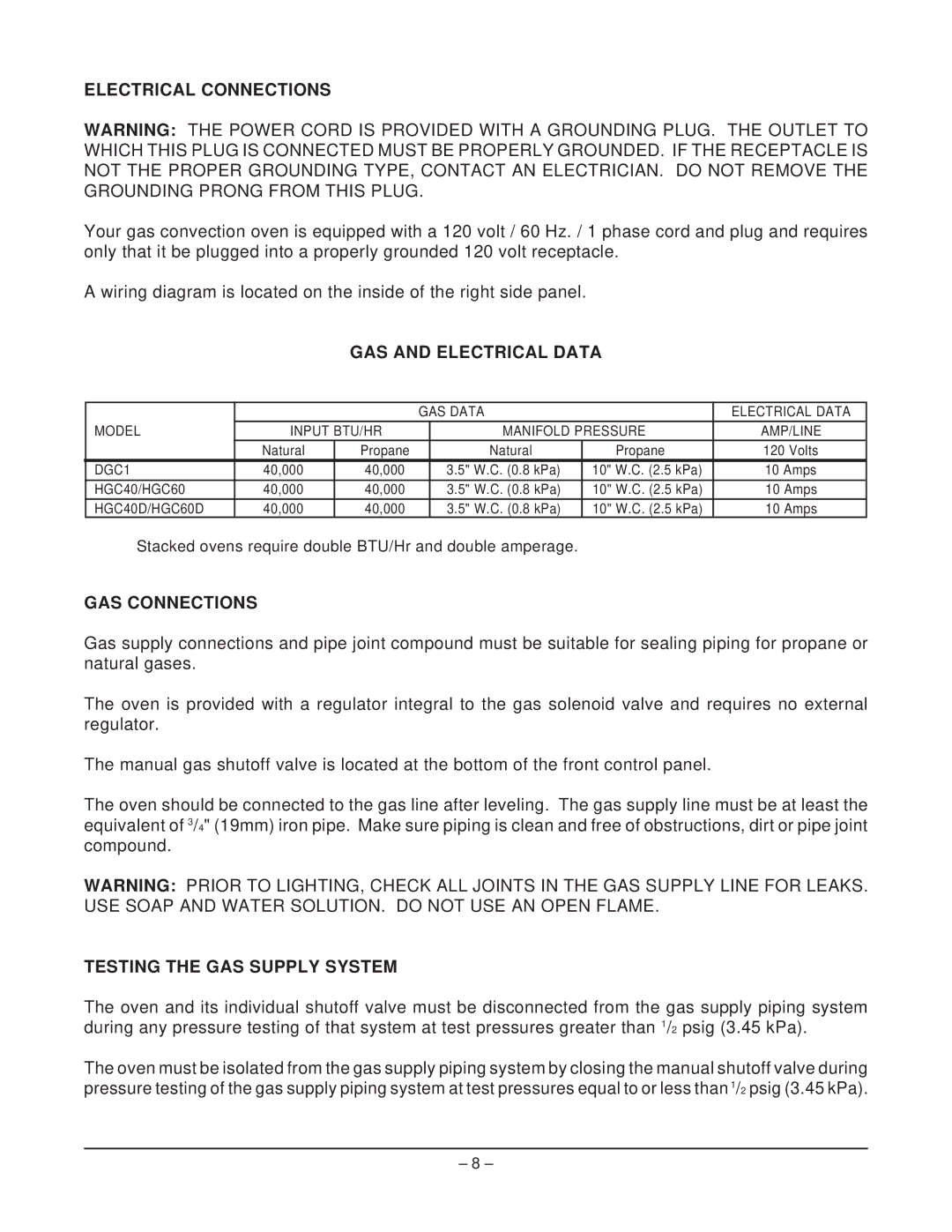 Hobart HGC40, HGC60, DGC1 Electrical Connections, GAS and Electrical Data, GAS Connections, Testing the GAS Supply System 