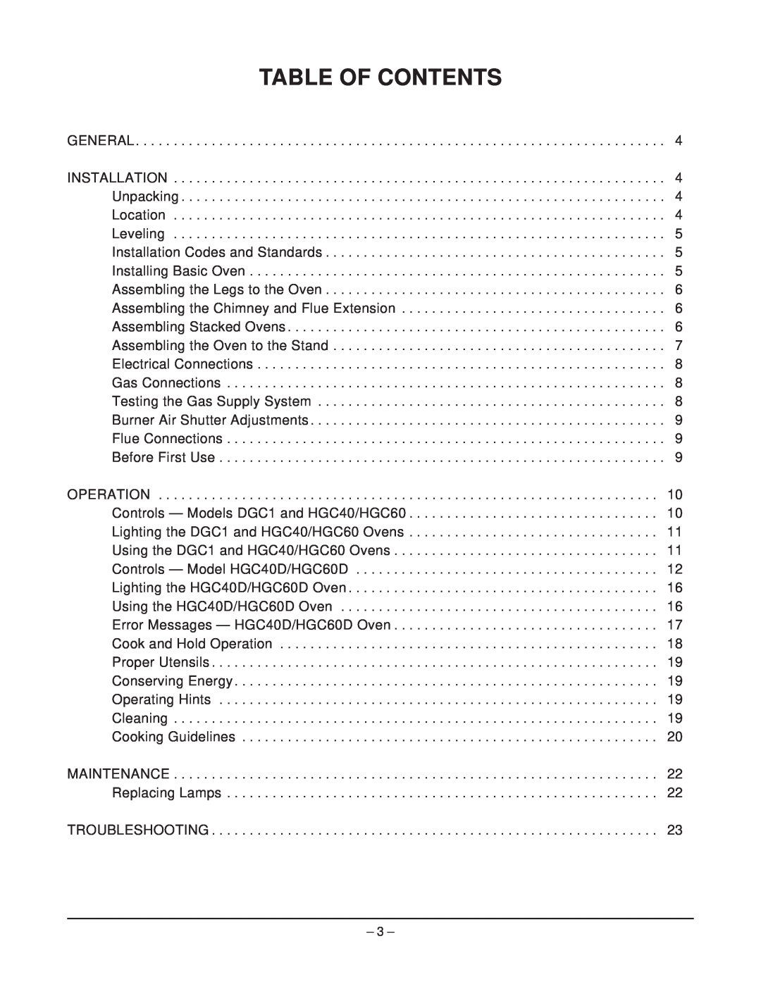 Hobart DGC1, HGC40D & HGC60D manual Table Of Contents 