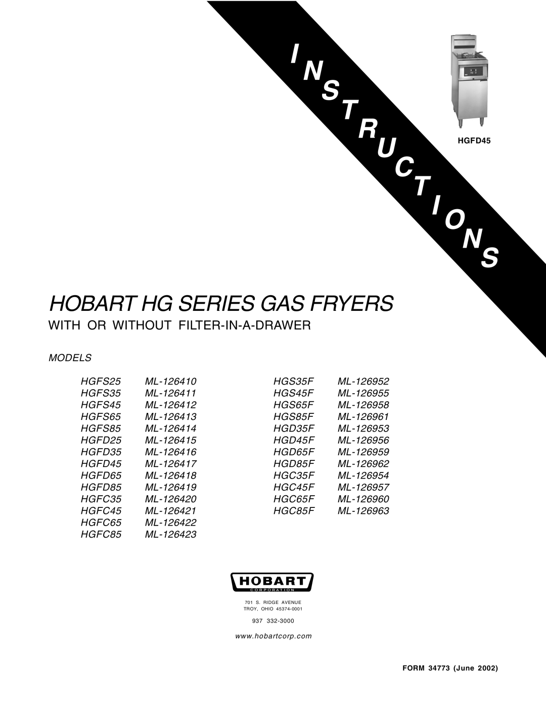 Hobart HGS85F ML-126961, HGS65F ML-126958, HGS35F ML-126952, HGFS65 ML-126413 manual Hobart HG Series GAS Fryers 