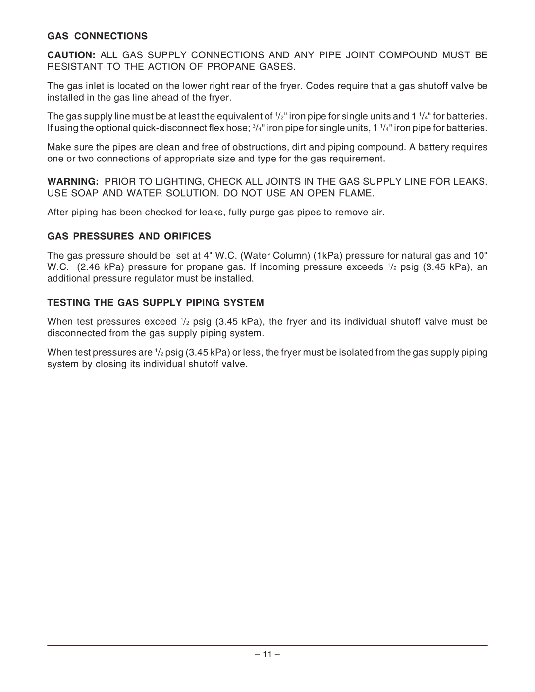 Hobart HGF, HGS65F ML-126958 manual GAS Connections, GAS Pressures and Orifices, Testing the GAS Supply Piping System 