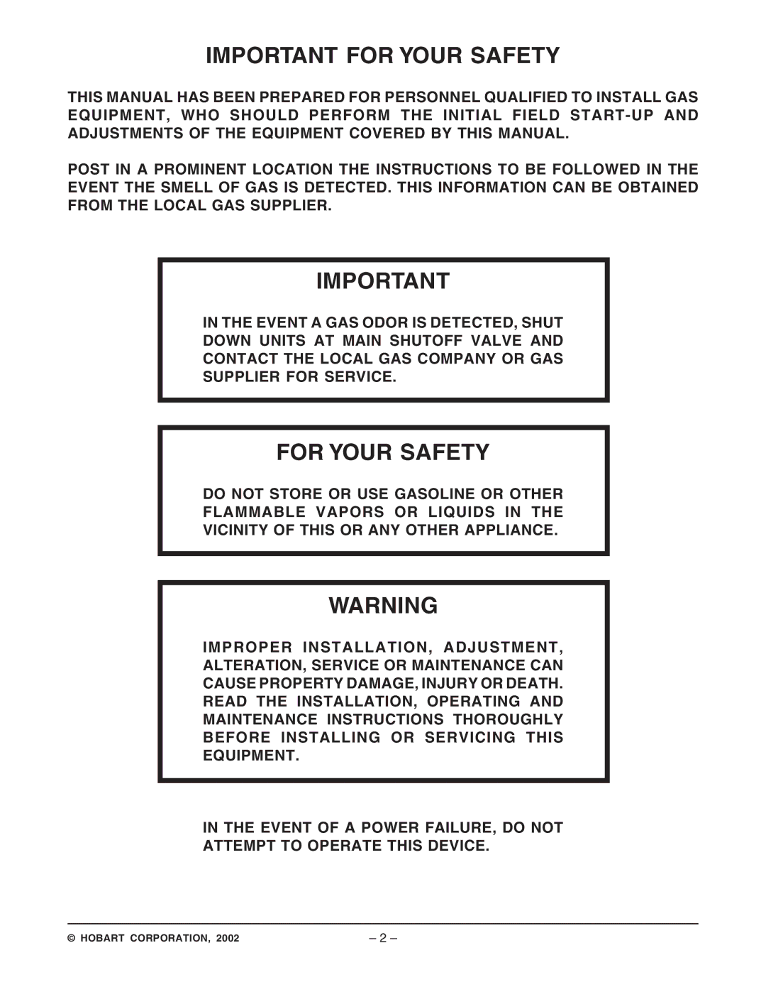 Hobart HGS35F ML-126952, HGS65F ML-126958, HGS85F ML-126961, HGFS65 ML-126413 Important for Your Safety, For Your Safety 