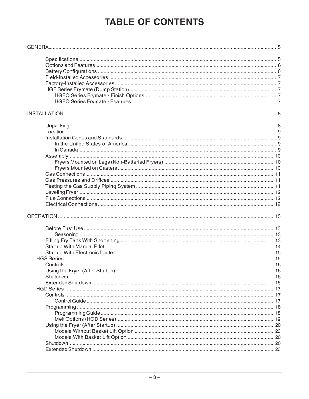 Hobart HGFS65 ML-126413, HGS65F ML-126958, HGS85F ML-126961, HGS35F ML-126952, HGFD45 ML-126417 manual Table of Contents 