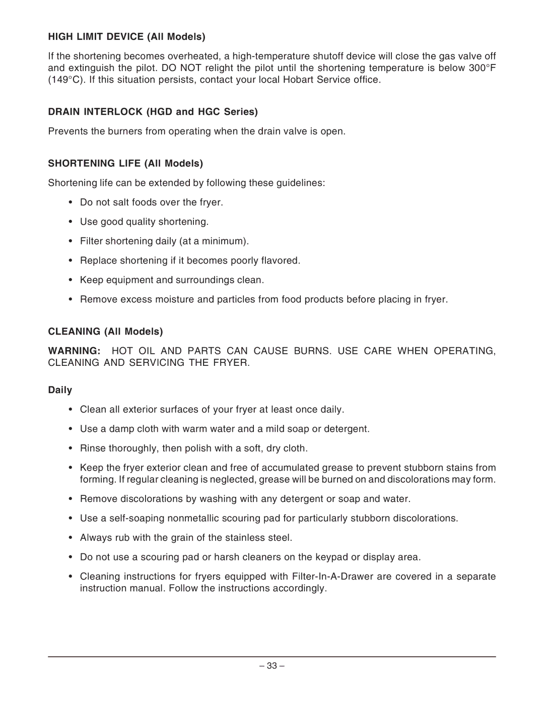 Hobart HGFS65 ML-126413 manual High Limit Device All Models, Drain Interlock HGD and HGC Series, Shortening Life All Models 