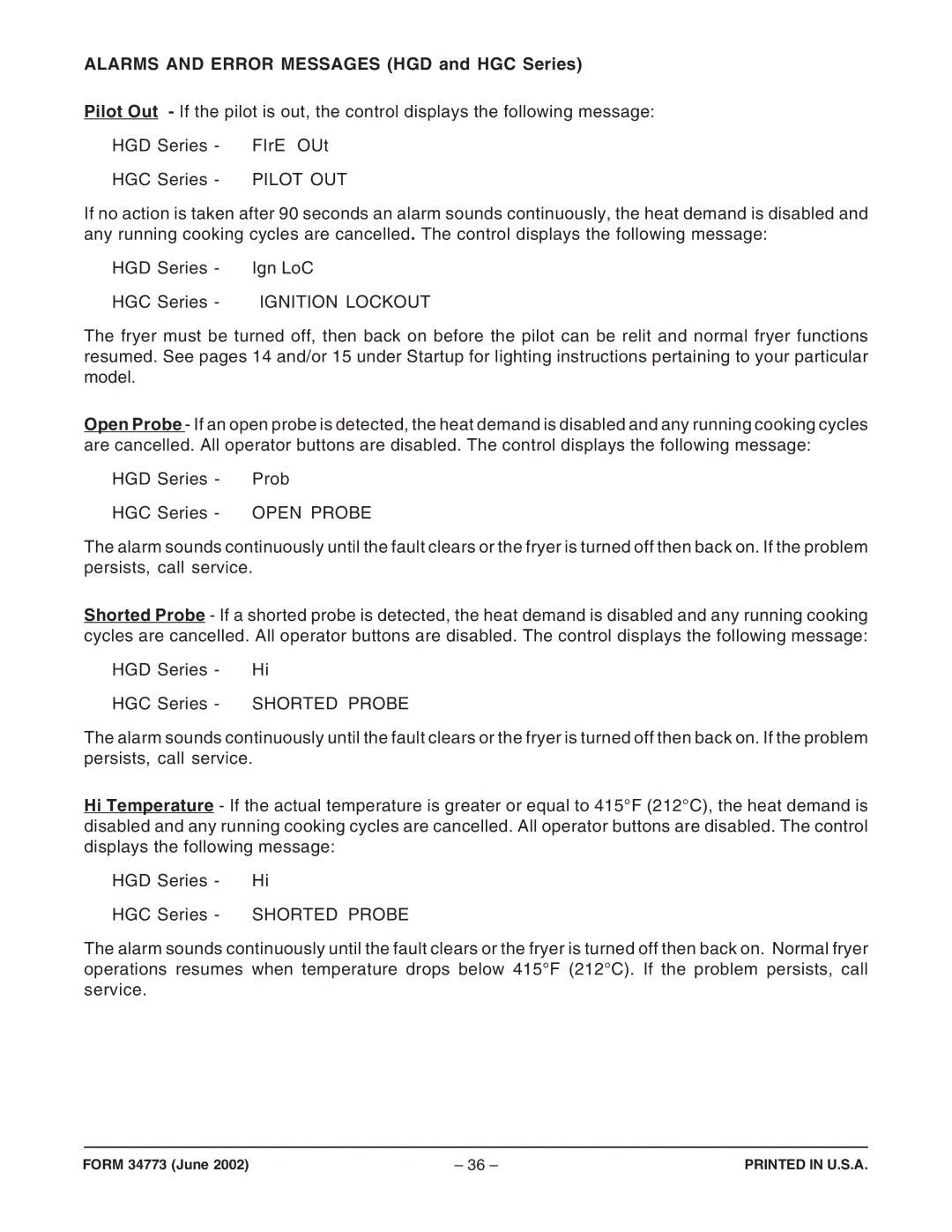 Hobart HGS45F ML-126955, HGS65F ML-126958, HGS85F ML-126961, HGF Alarms and Error Messages HGD and HGC Series, Pilot OUT 