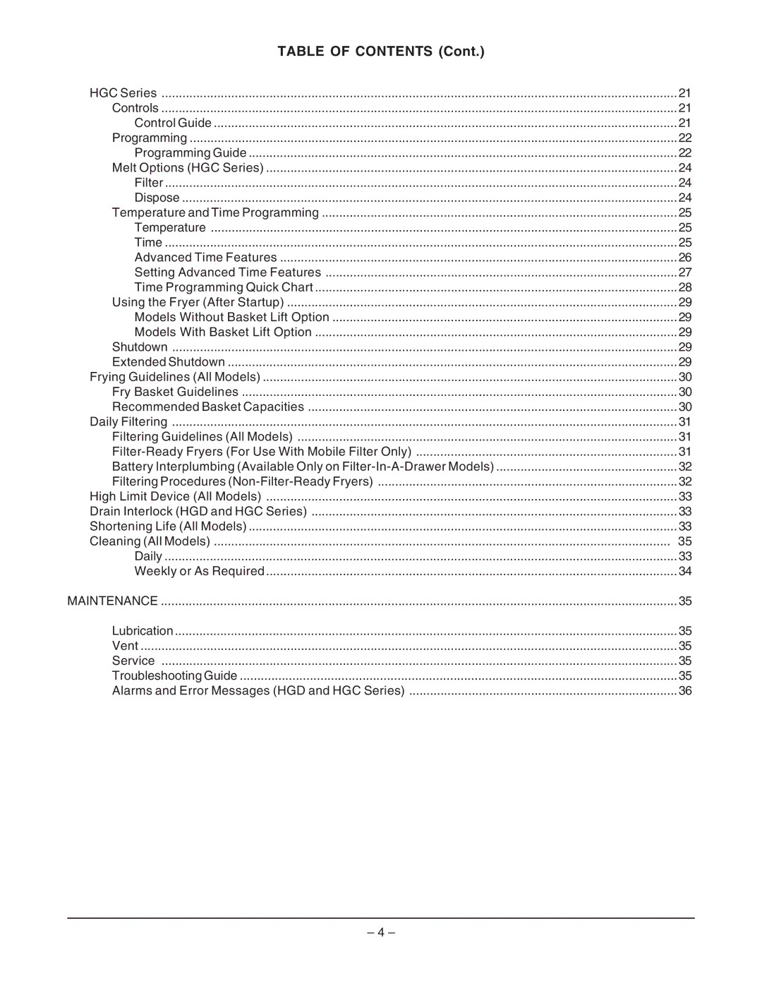 Hobart HGFD45 ML-126417, HGS65F ML-126958, HGS85F ML-126961, HGS35F ML-126952, HGFS65 ML-126413 manual Table of Contents 