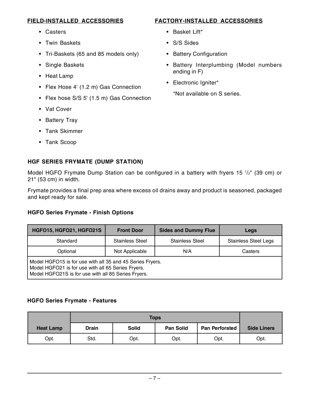 Hobart HGFS35 ML-126411 manual FIELD-INSTALLED Accessories FACTORY-INSTALLED Accessories, HGF Series Frymate Dump Station 