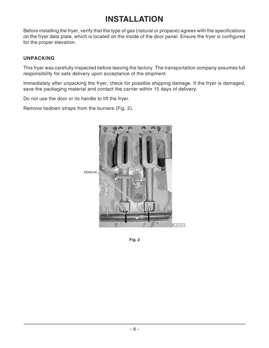 Hobart HGFS45 ML-126412, HGS65F ML-126958, HGS85F ML-126961, HGS35F ML-126952, HGFS65 ML-126413 manual Installation, Unpacking 