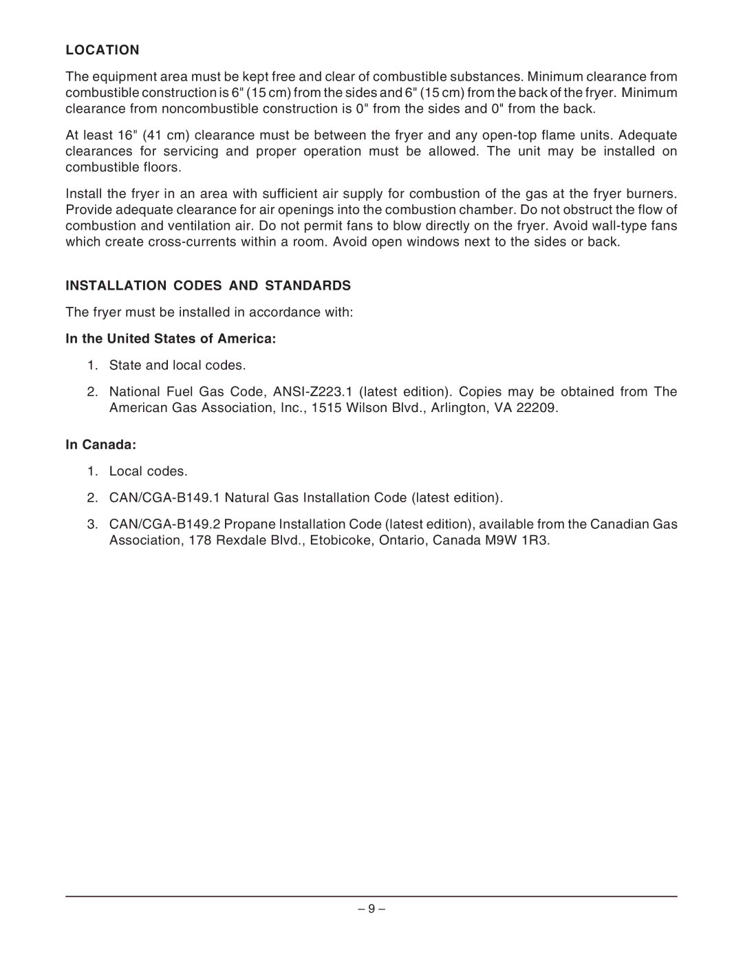 Hobart HGFD25 ML-126415, HGS65F ML-126958 Location, Installation Codes and Standards, United States of America, Canada 