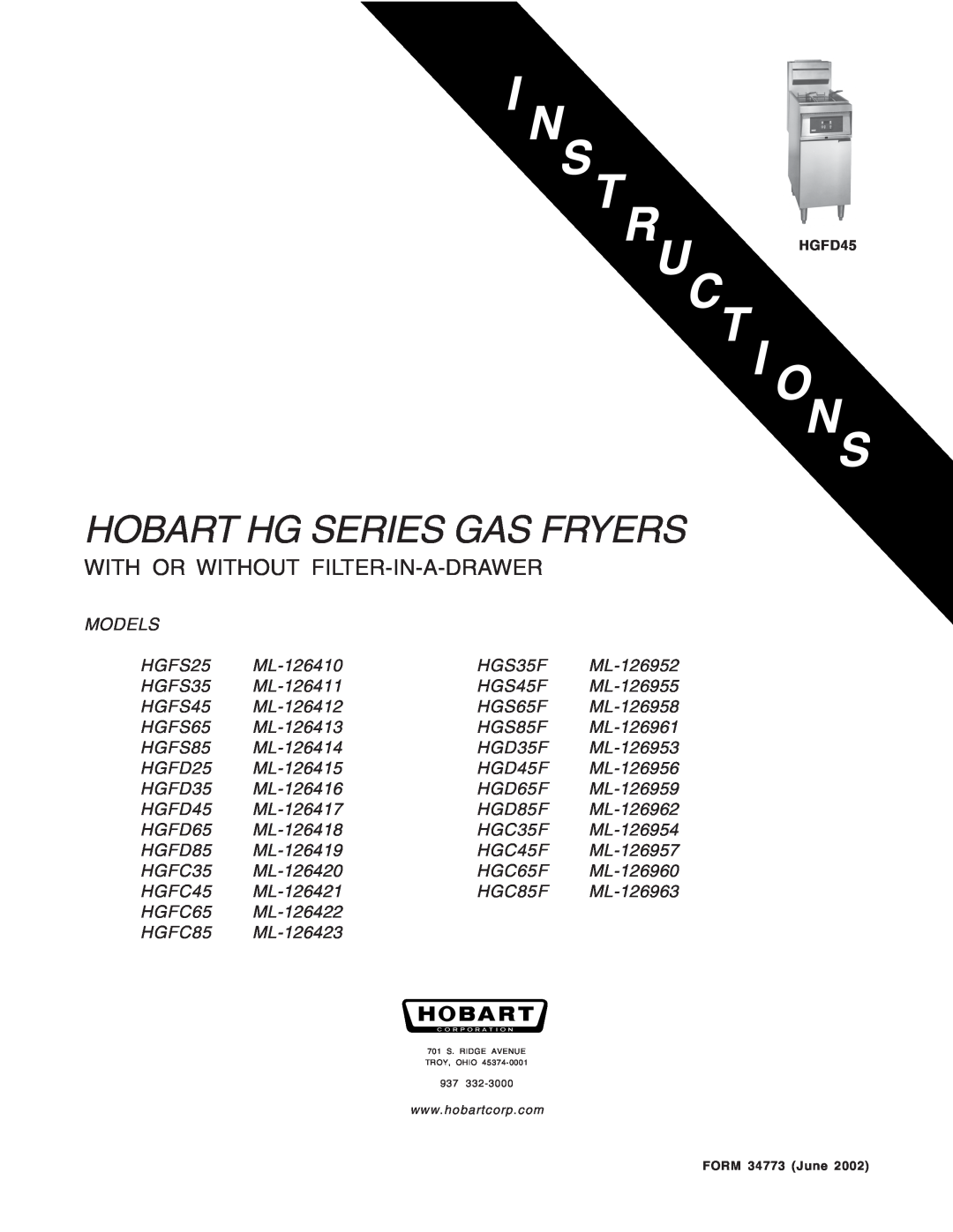 Hobart HGS85F ML-126961, HGS65F ML-126958, HGF manual Hobart Hg Series Gas Fryers, With Or Without Filter-In-A-Drawer 