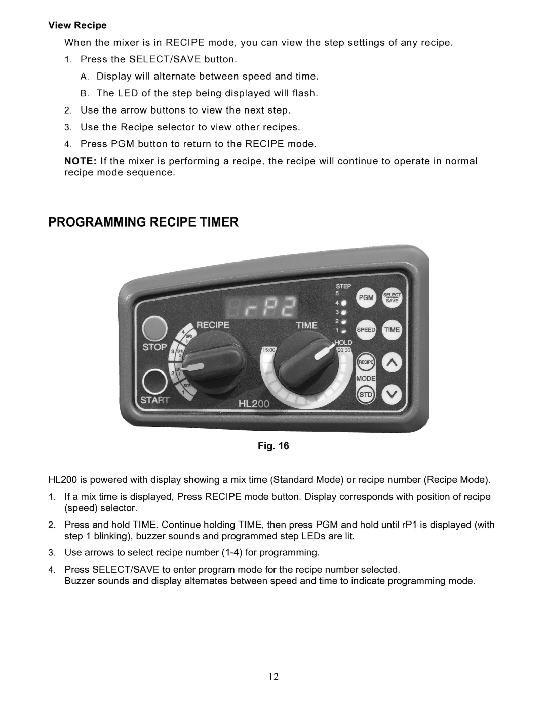 Hobart HL120 instruction manual Programming Recipe Timer, View Recipe 