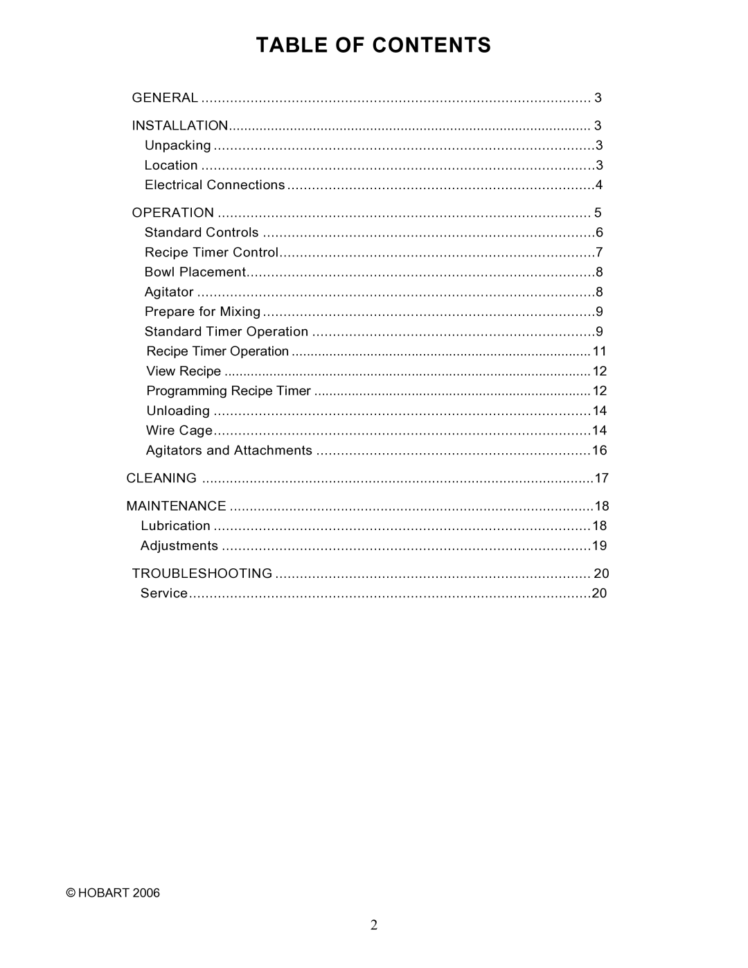 Hobart HL120 instruction manual Table of Contents 