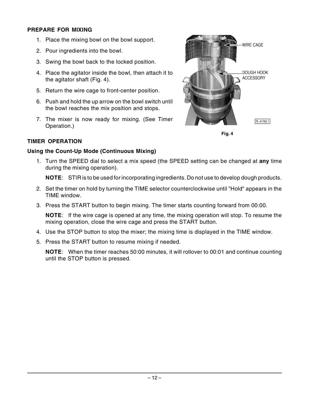 Hobart HL661 instruction manual Prepare for Mixing, Timer Operation, Using the Count-Up Mode Continuous Mixing 