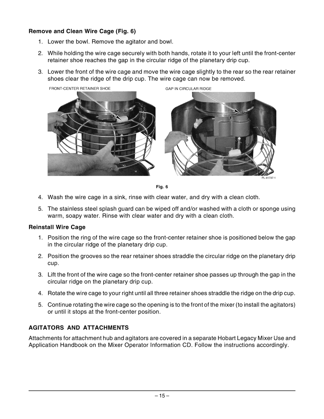 Hobart HL661 instruction manual Remove and Clean Wire Cage Fig, Reinstall Wire Cage, Agitators and Attachments 