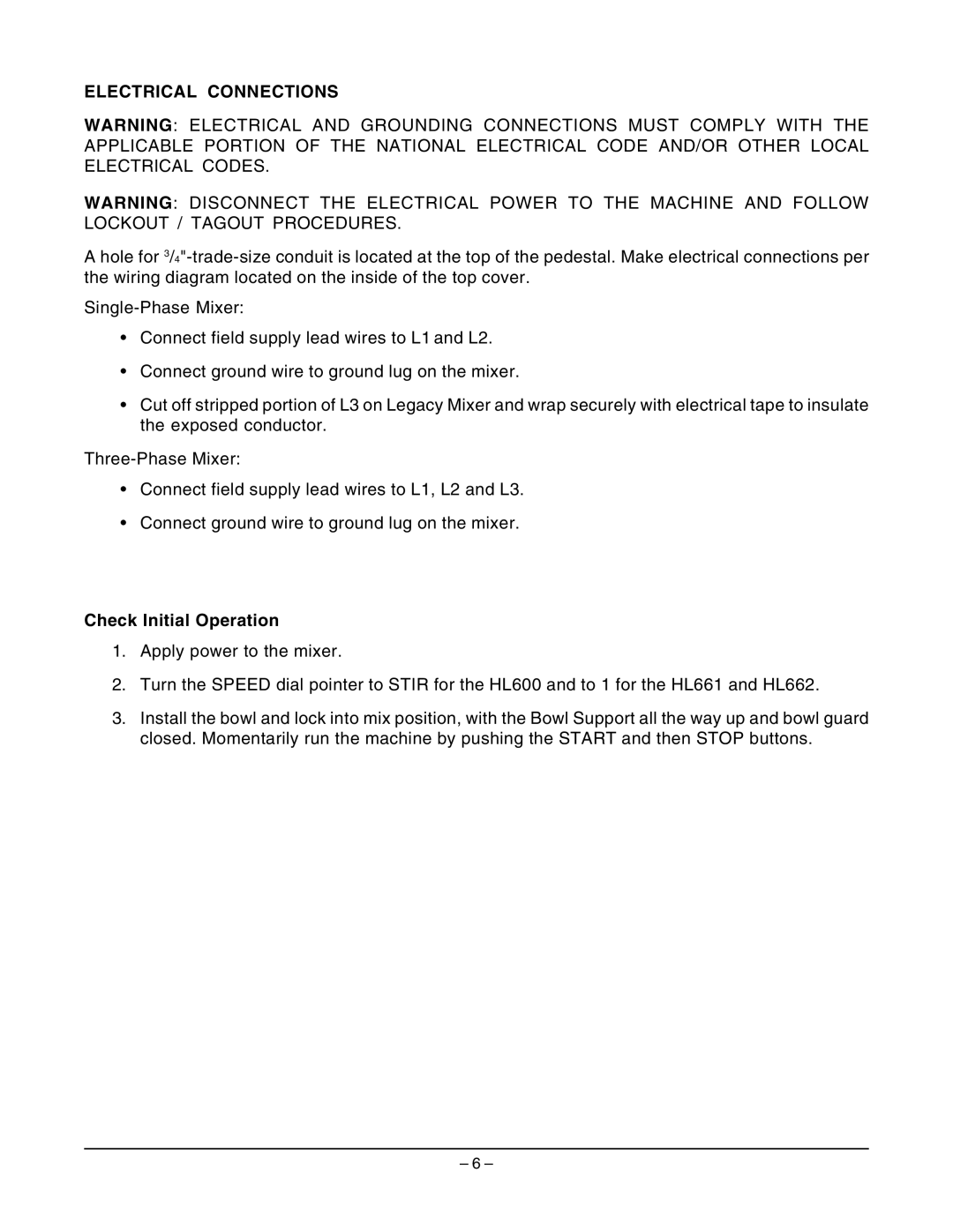 Hobart HL661 instruction manual Electrical Connections, Check Initial Operation 