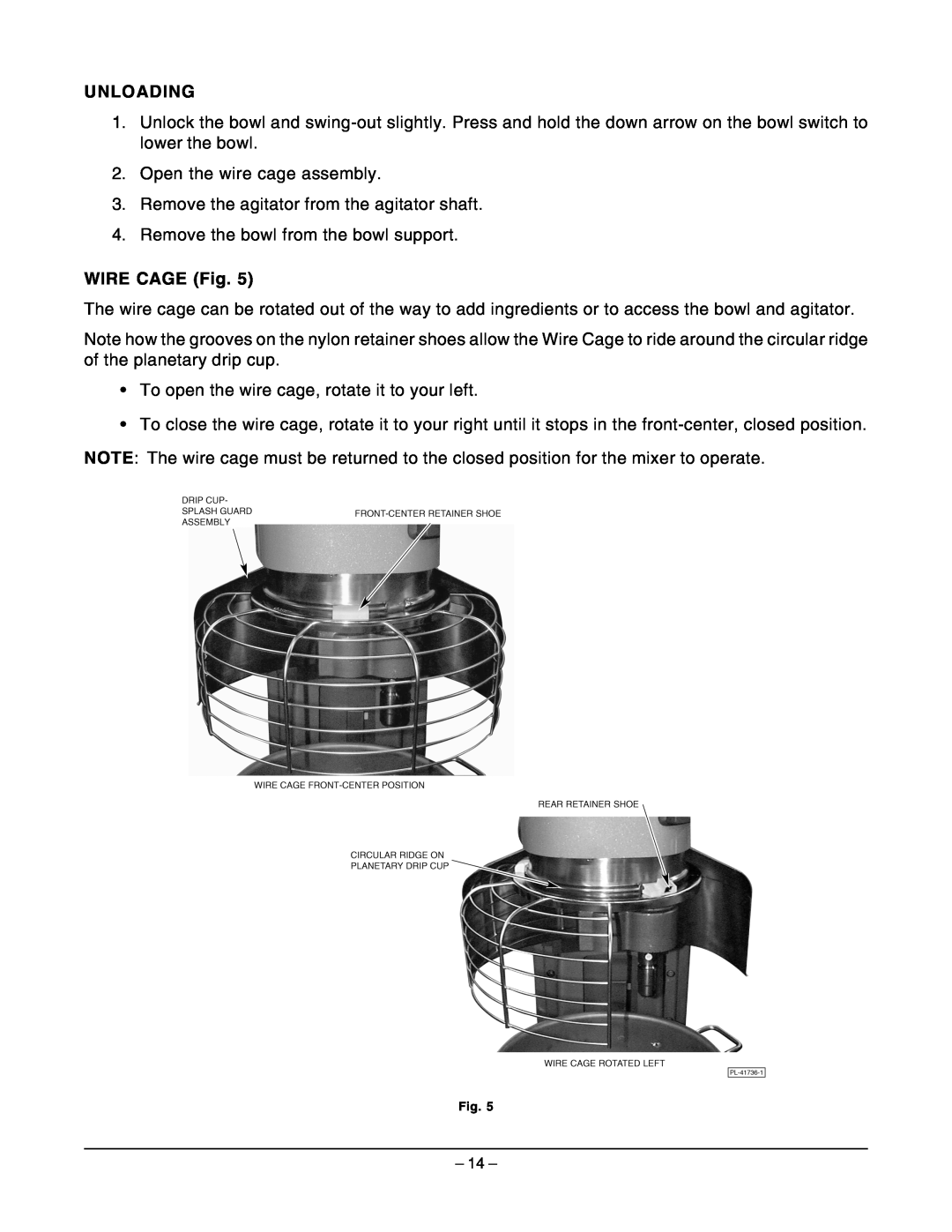 Hobart HL661 instruction manual Unloading, WIRE CAGE Fig 