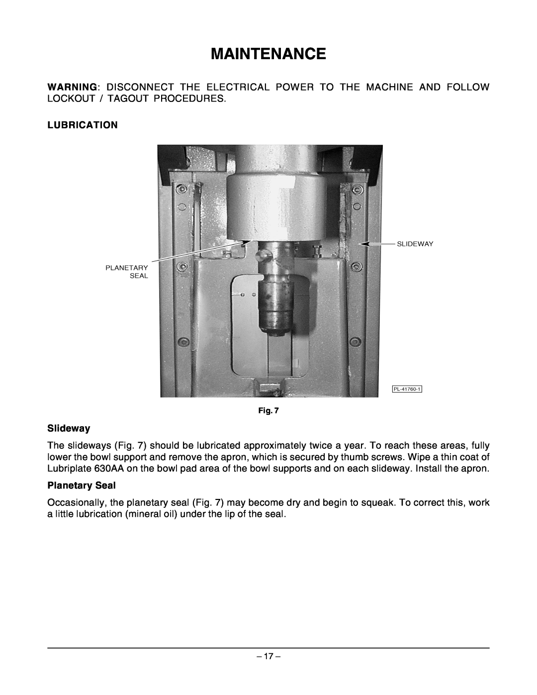 Hobart HL661 instruction manual Maintenance, Lubrication, Slideway, Planetary Seal 