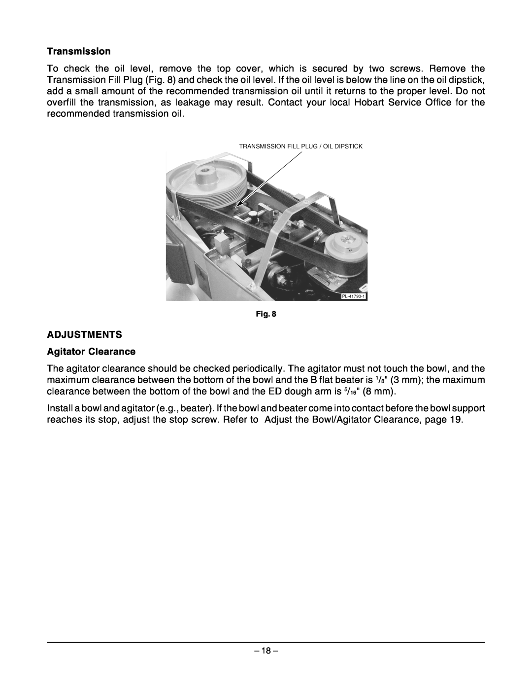 Hobart HL661 instruction manual Transmission, ADJUSTMENTS Agitator Clearance 