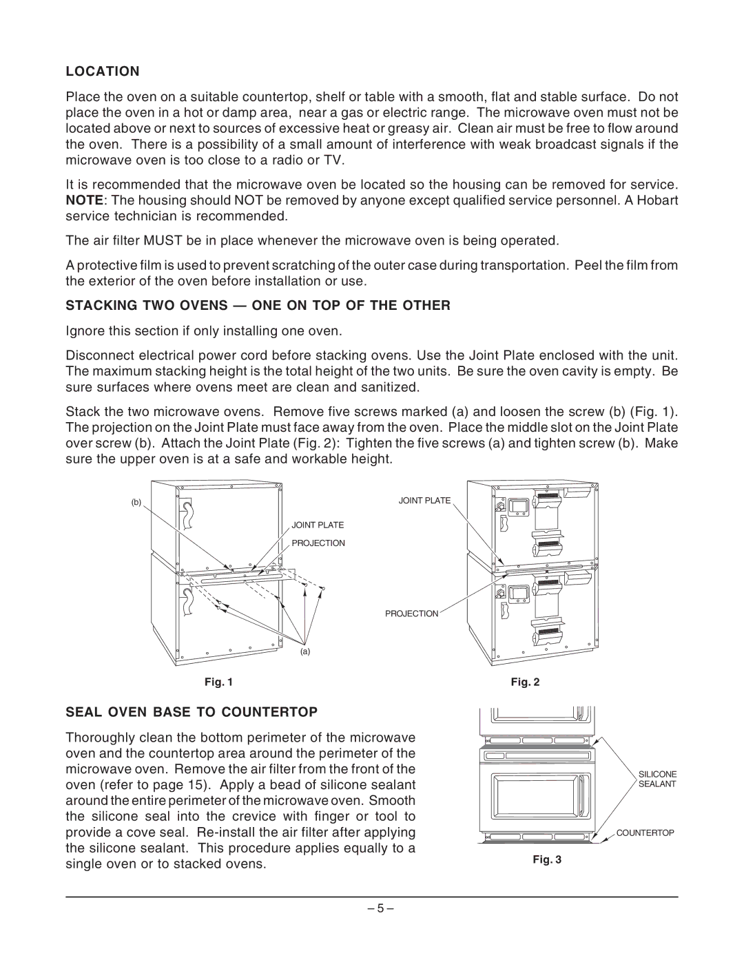 Hobart HM1200 manual Location, Stacking TWO Ovens ONE on TOP of the Other, Seal Oven Base to Countertop 