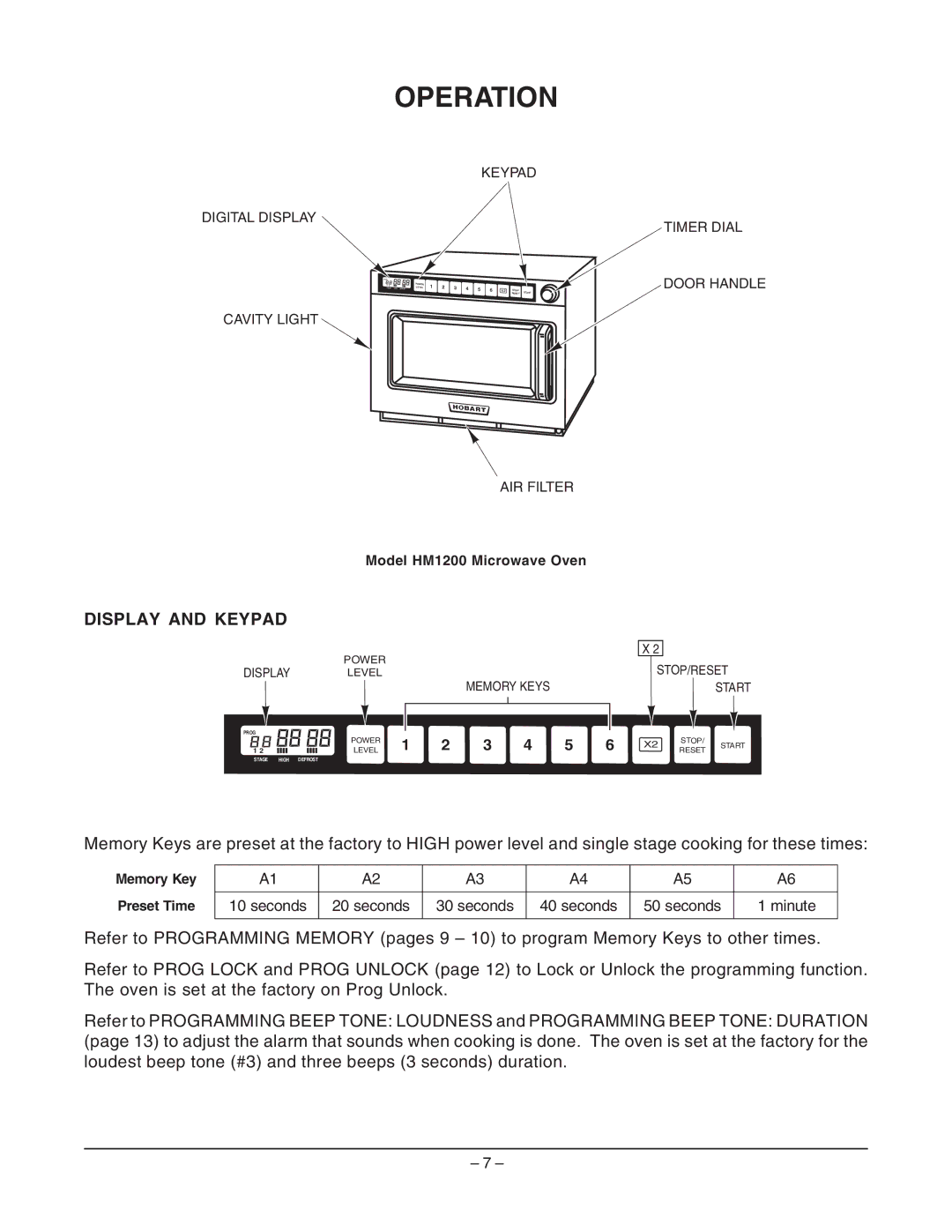 Hobart HM1200 manual Operation, Display and Keypad 