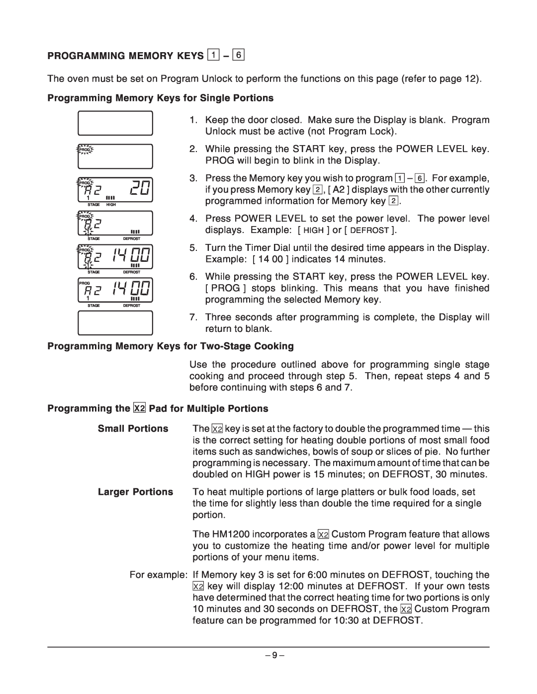 Hobart HM1200 manual Programming Memory Keys for Single Portions, Programming Memory Keys for Two-Stage Cooking 