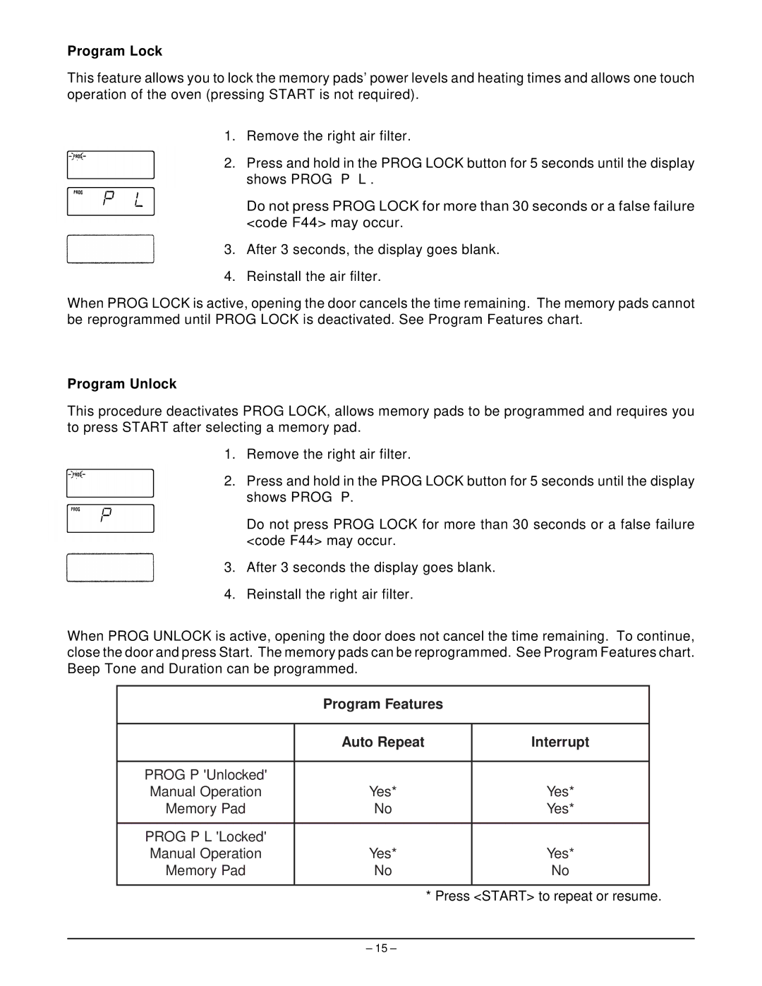 Hobart HM1600 manual Program Lock, Program Unlock, Program Features Auto Repeat Interrupt 