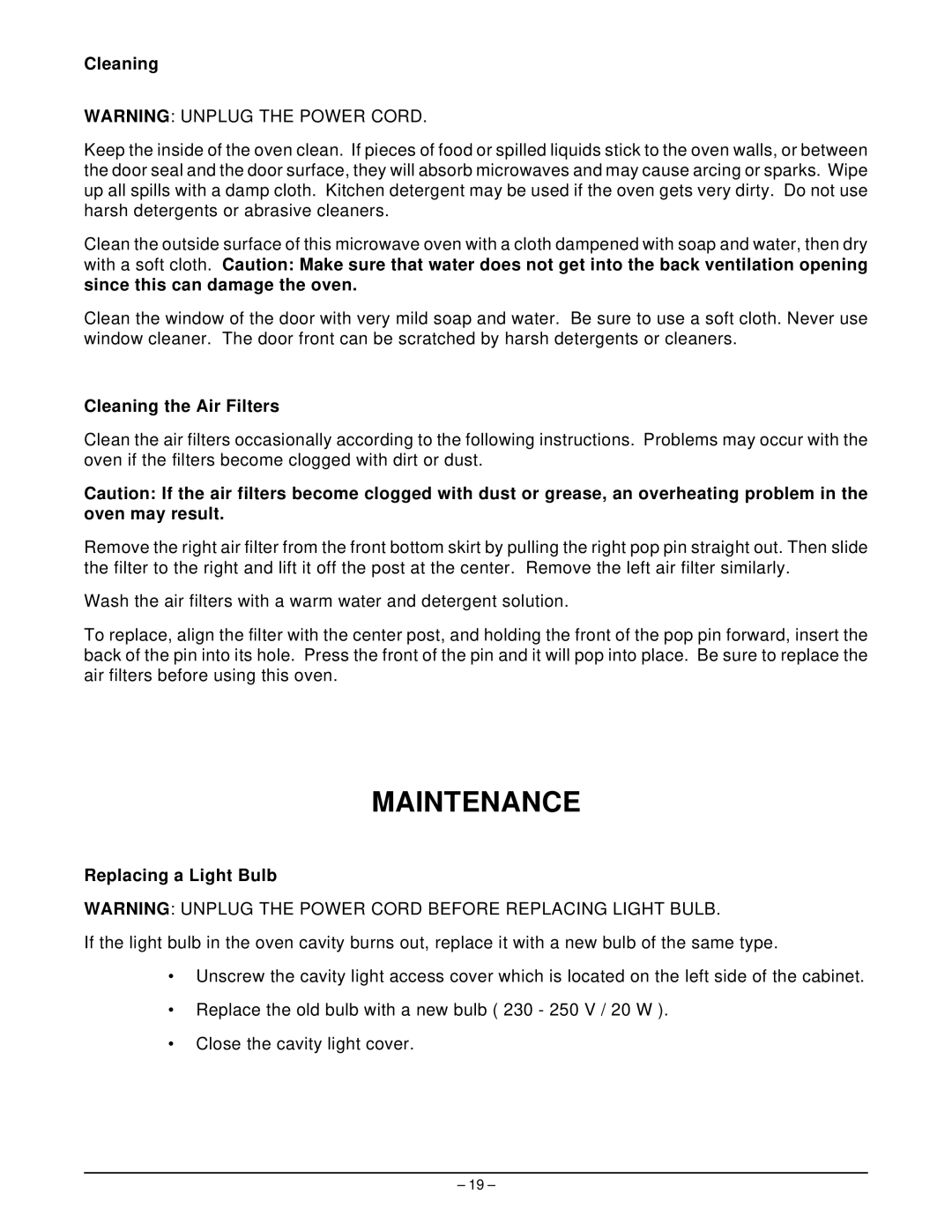 Hobart HM1600 manual Maintenance, Cleaning the Air Filters, Replacing a Light Bulb 