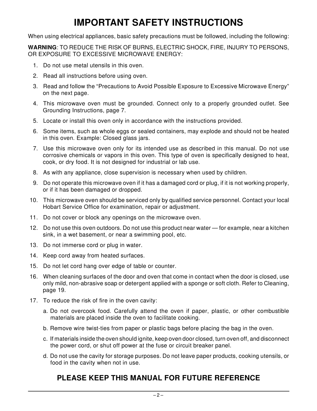 Hobart HM1600 manual Important Safety Instructions 