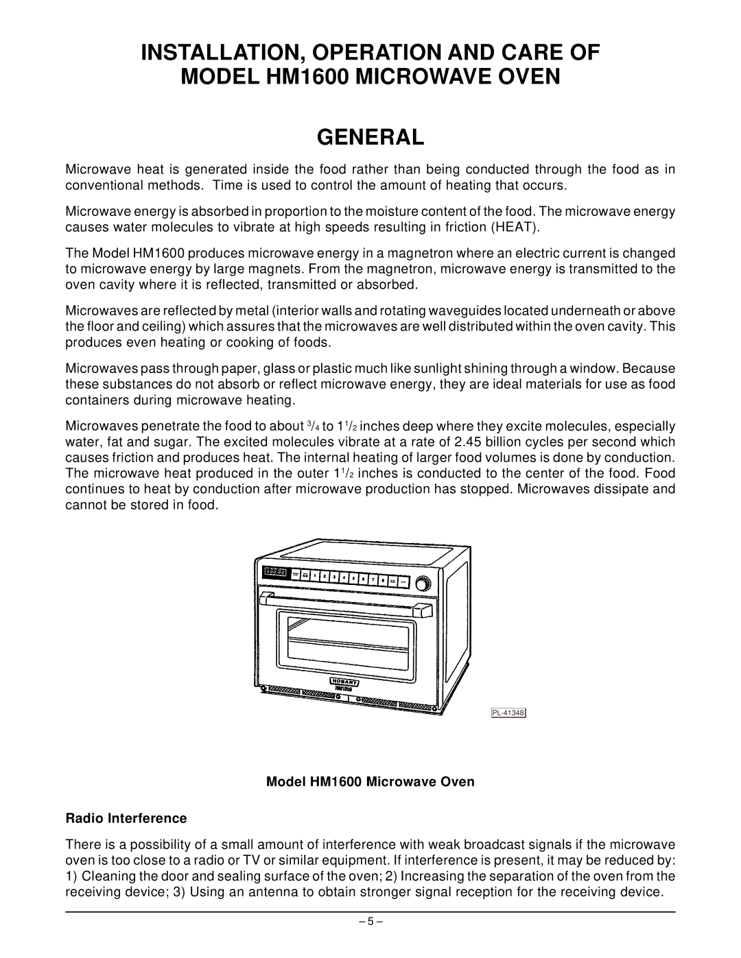 Hobart manual Model HM1600 Microwave Oven Radio Interference 