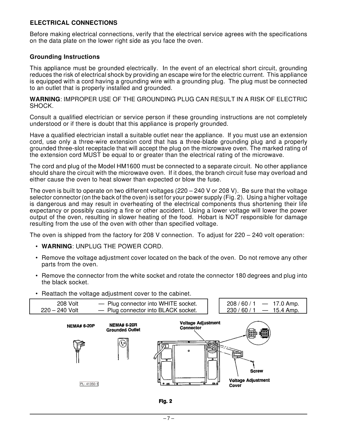 Hobart HM1600 manual Electrical Connections, Grounding Instructions 