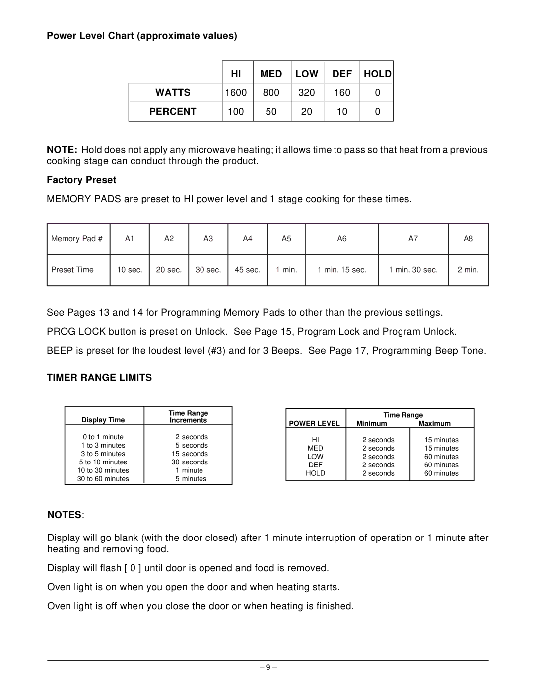 Hobart HM1600 manual Power Level Chart approximate values, MED LOW DEF Hold Watts, Factory Preset, Timer Range Limits 