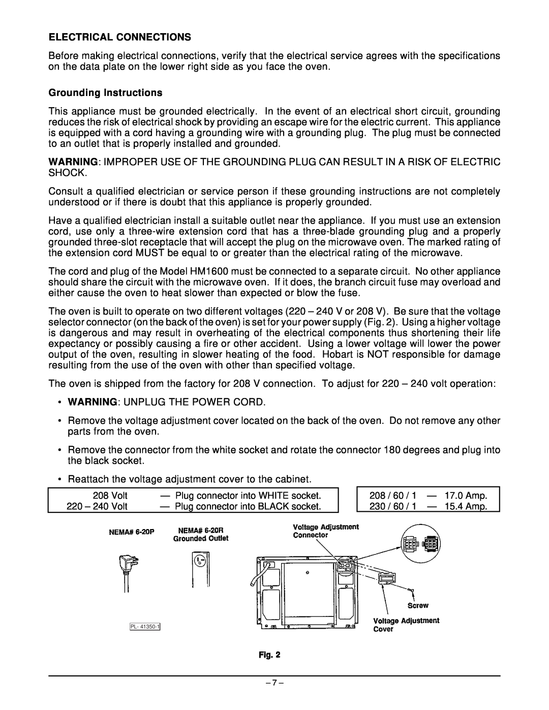 Hobart HM1600 manual Electrical Connections, Grounding Instructions 