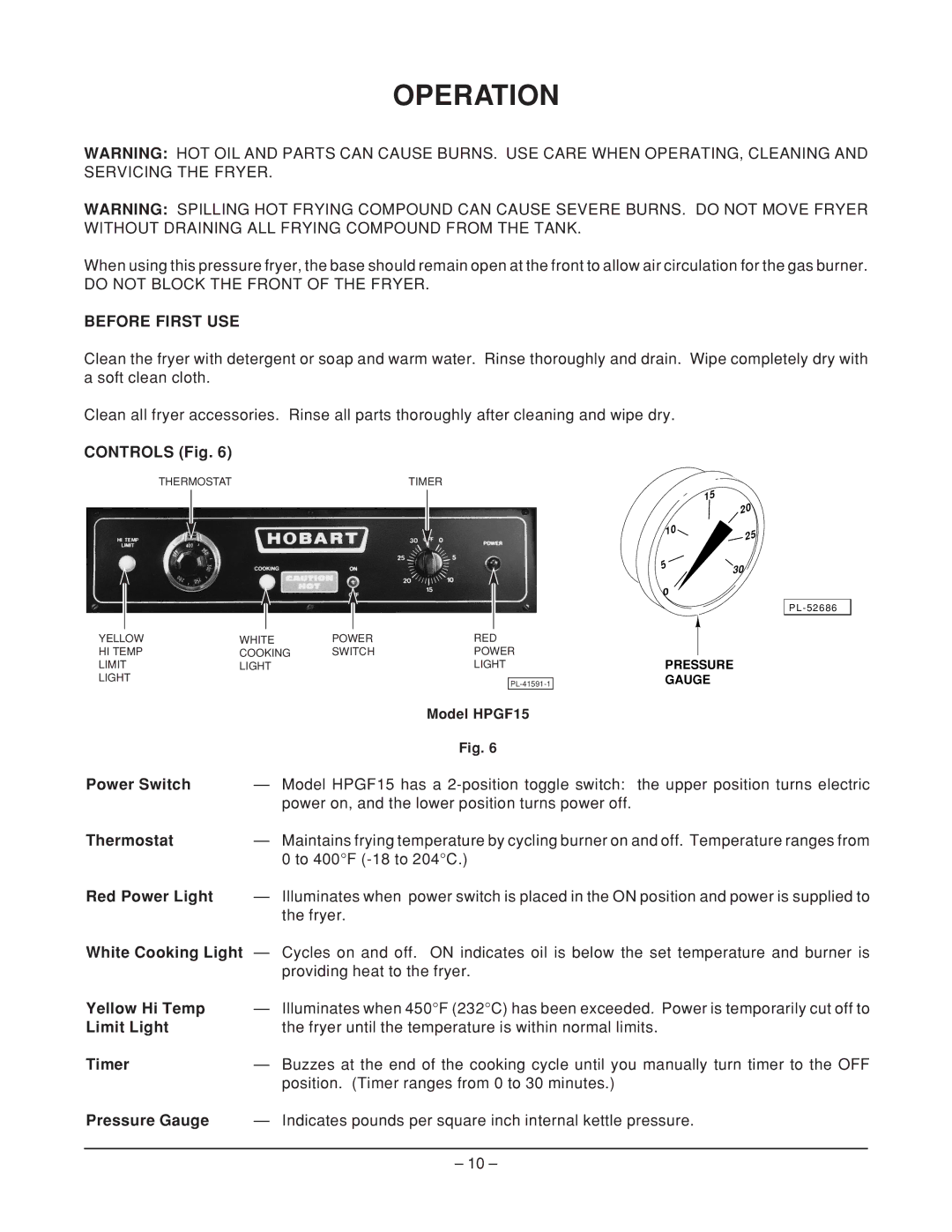 Hobart HPGF15 manual Operation, Before First USE 