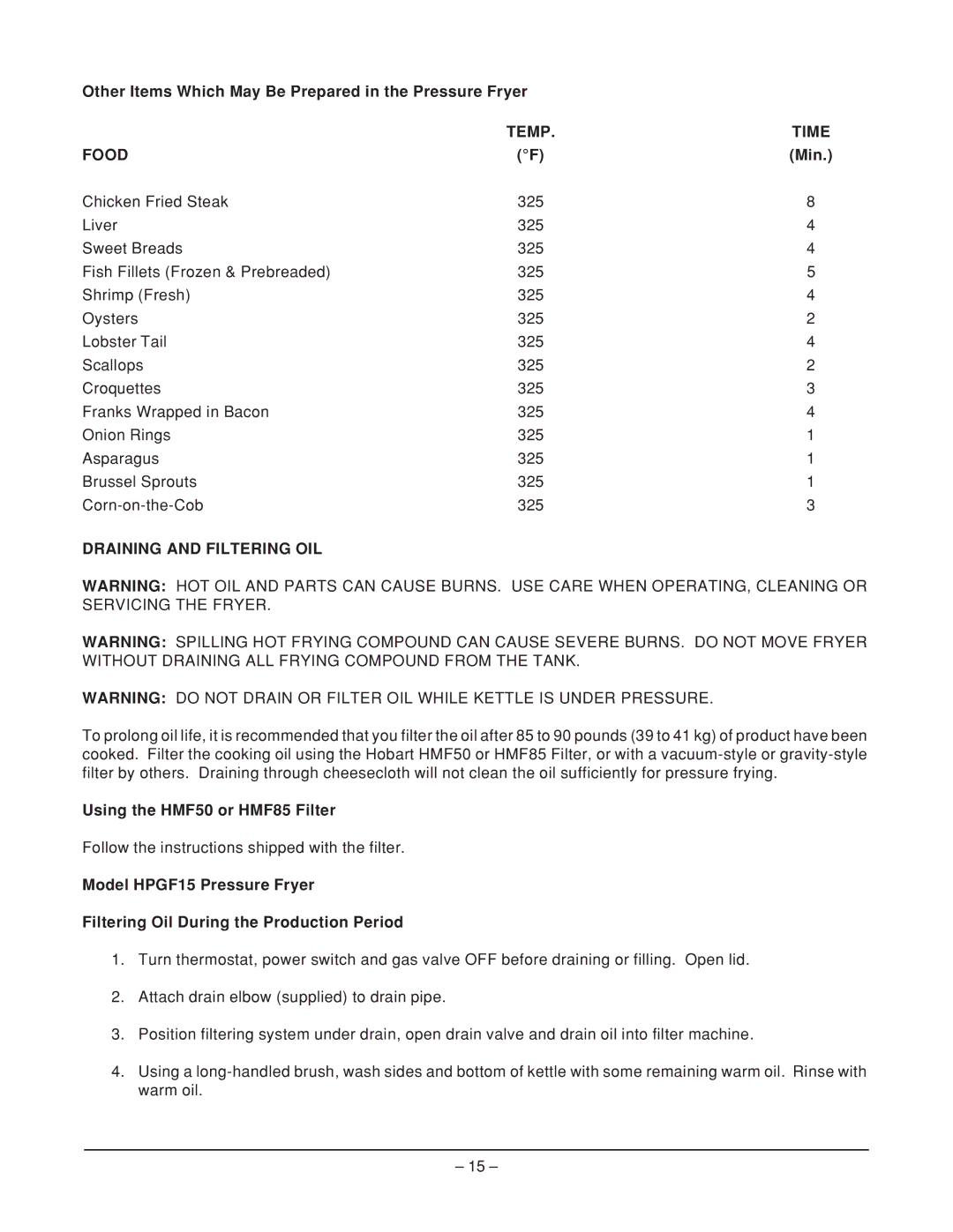 Hobart HPGF15 Other Items Which May Be Prepared in the Pressure Fryer, Temp Time Food, Min, Draining and Filtering OIL 