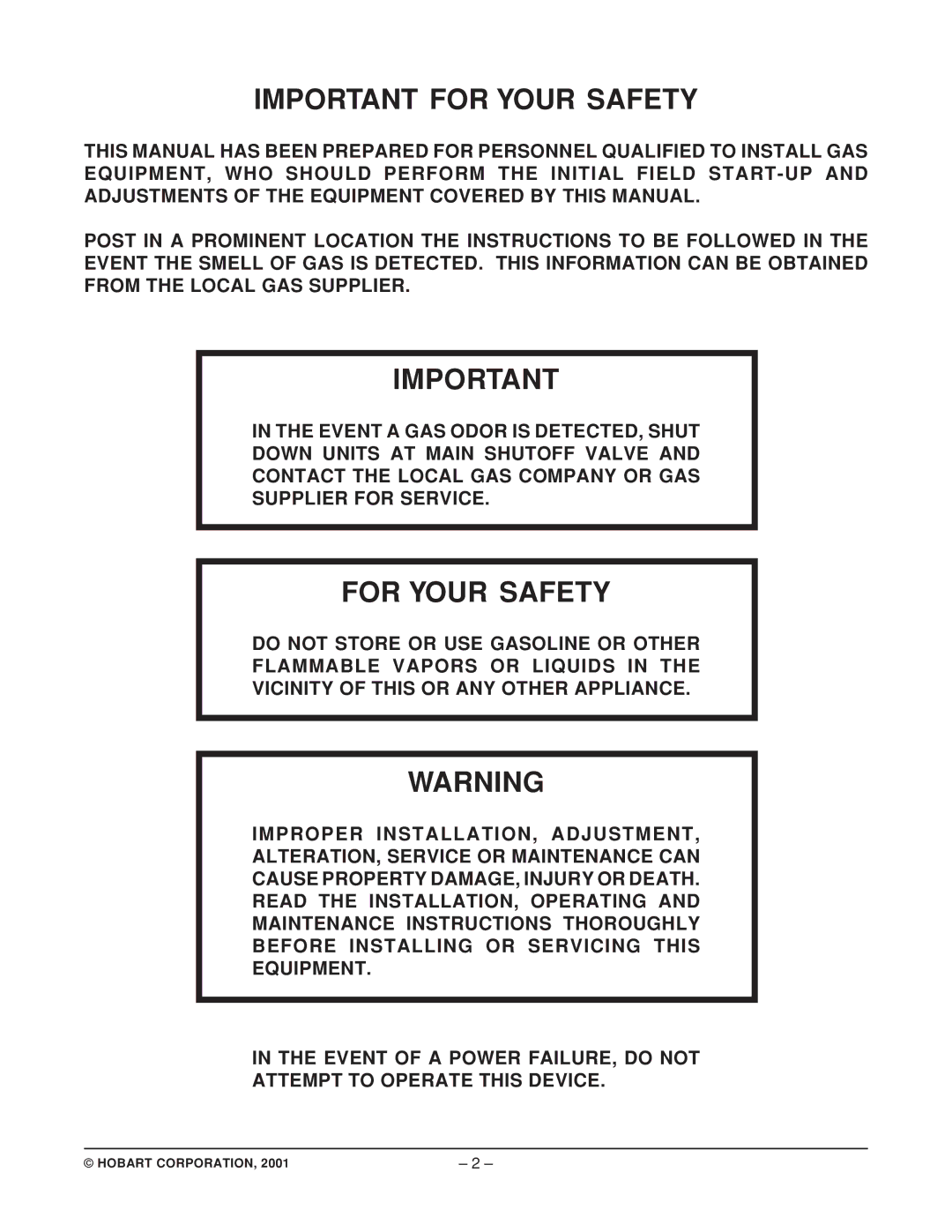 Hobart HPGF15 manual Important for Your Safety, For Your Safety 