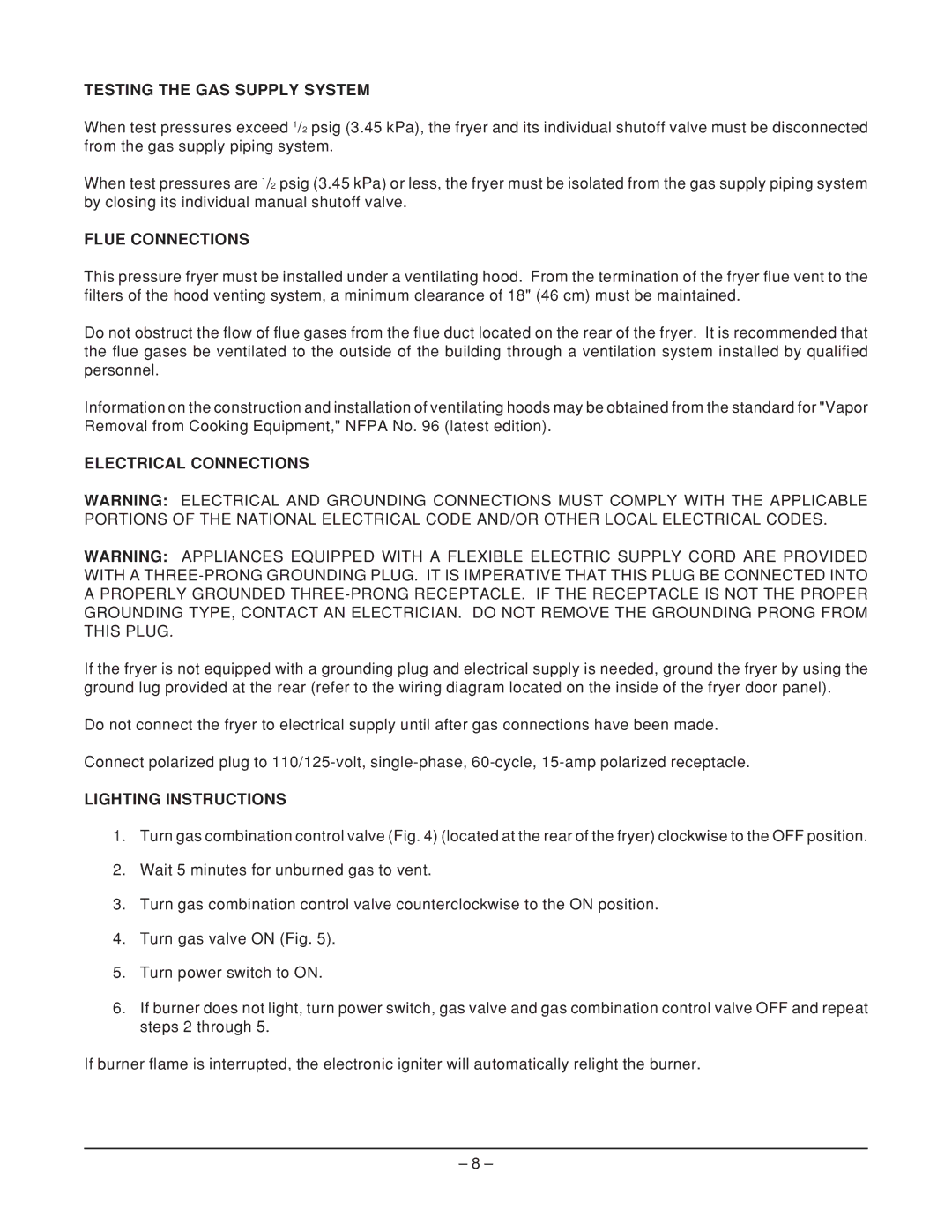 Hobart HPGF15 manual Testing the GAS Supply System, Flue Connections, Electrical Connections, Lighting Instructions 