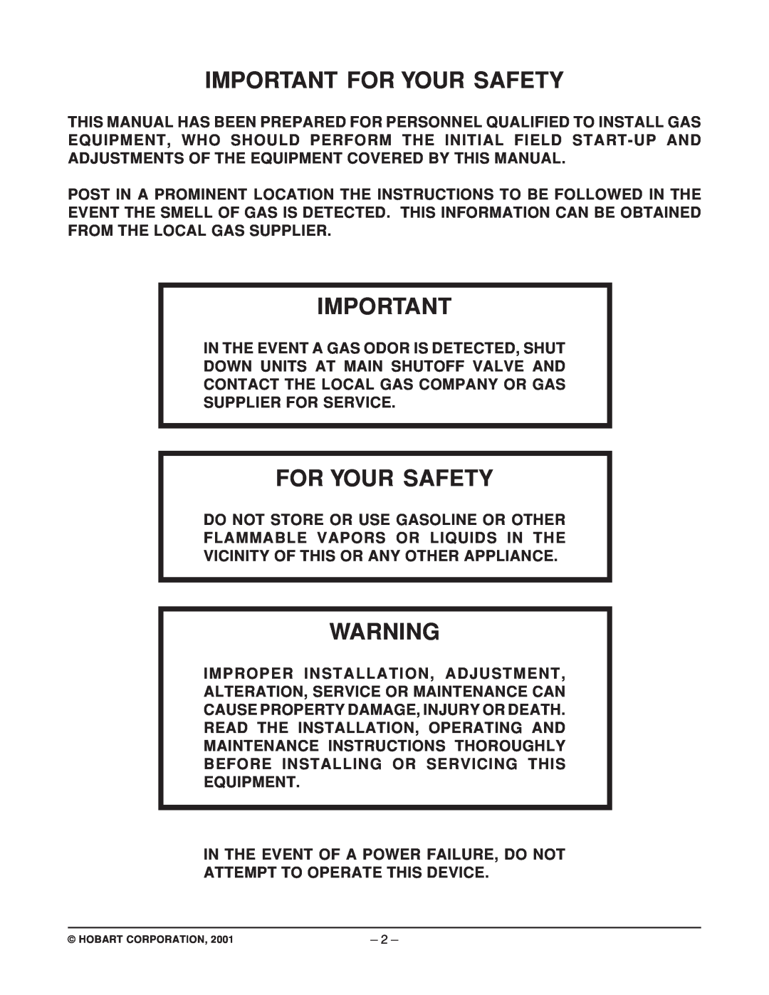 Hobart HPGF15 manual Important For Your Safety 