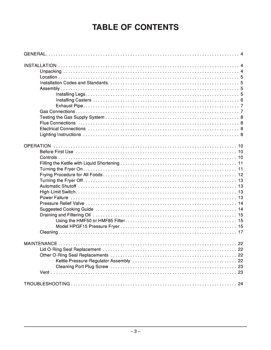 Hobart HPGF15 manual Table Of Contents 