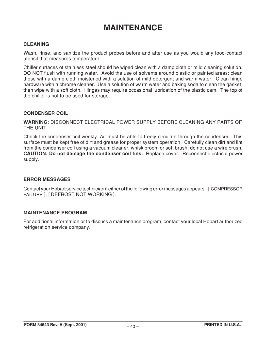 Hobart HQC135, ML-124069, ML-124070, HQC200 manual Cleaning, Condenser Coil, Error Messages, Maintenance Program 