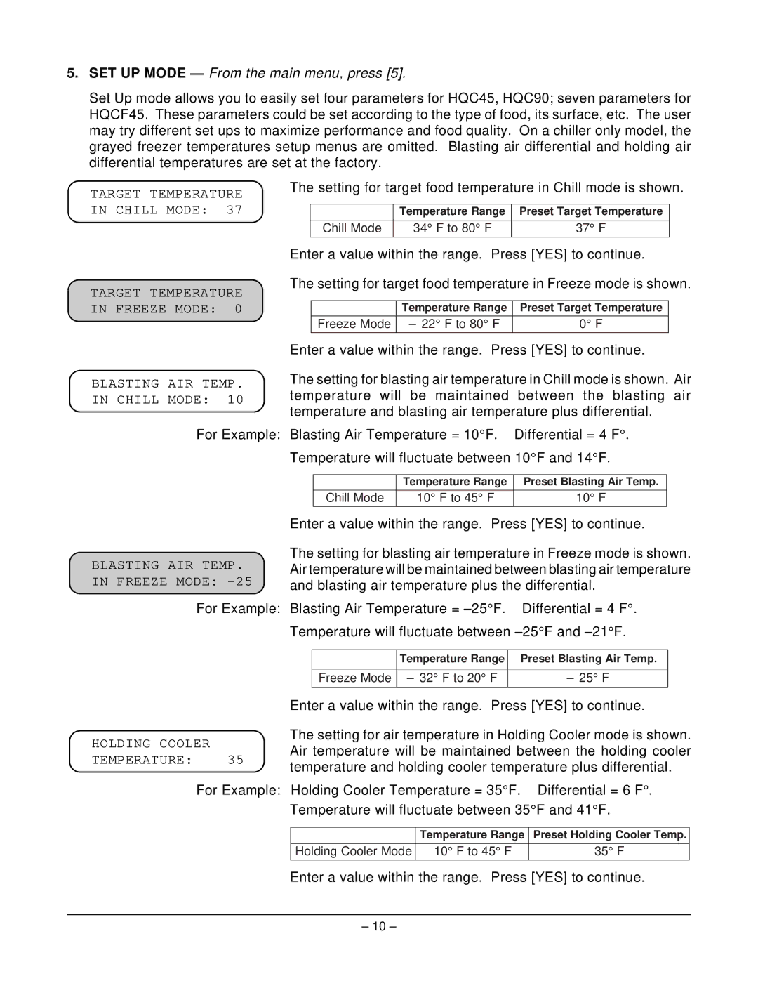 Hobart HQC45, ML-124061 SET UP Mode From the main menu, press, Setting for target food temperature in Chill mode is shown 