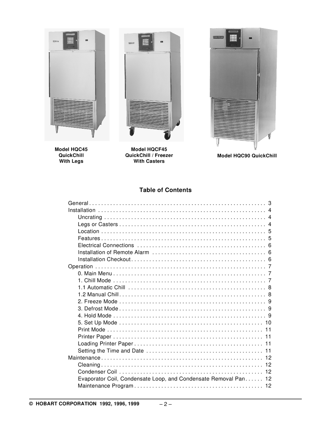 Hobart HQC45, ML-124061 manual Table of Contents 