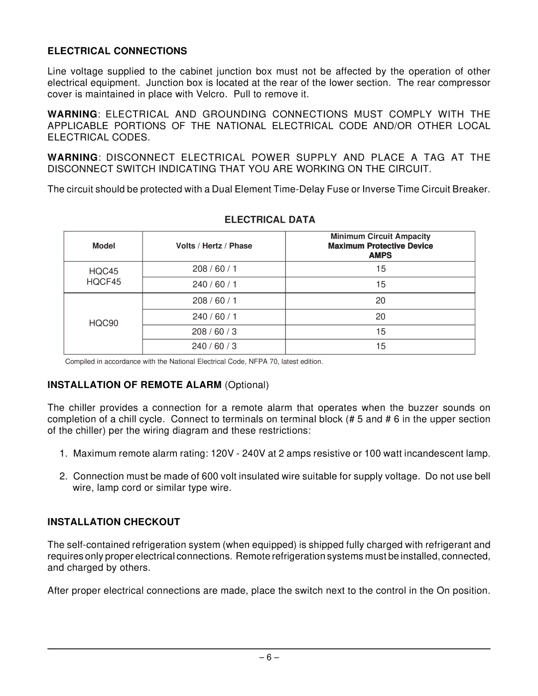 Hobart HQC45 manual Electrical Connections, Electrical Data, Installation of Remote Alarm Optional, Installation Checkout 