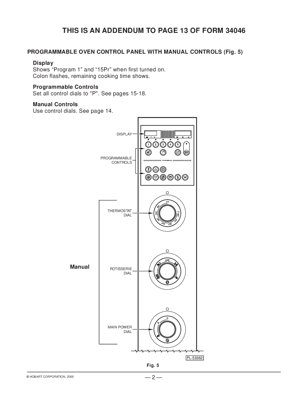 Hobart HR5 instruction manual This is AN Addendum to page 13 of Form, Programmable Controls, Manual Controls 