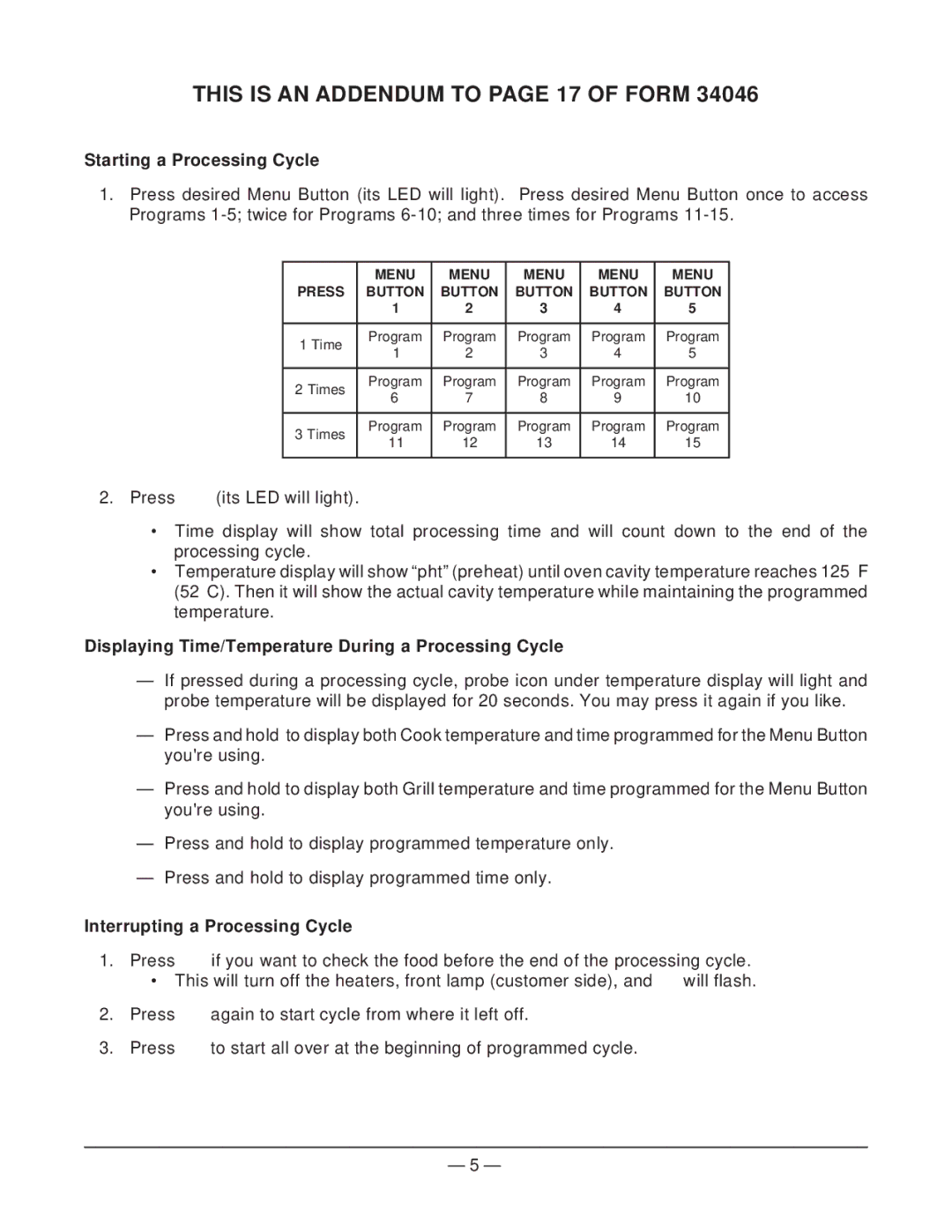 Hobart HR5 This is AN Addendum to page 17 of Form, Starting a Processing Cycle, Interrupting a Processing Cycle 