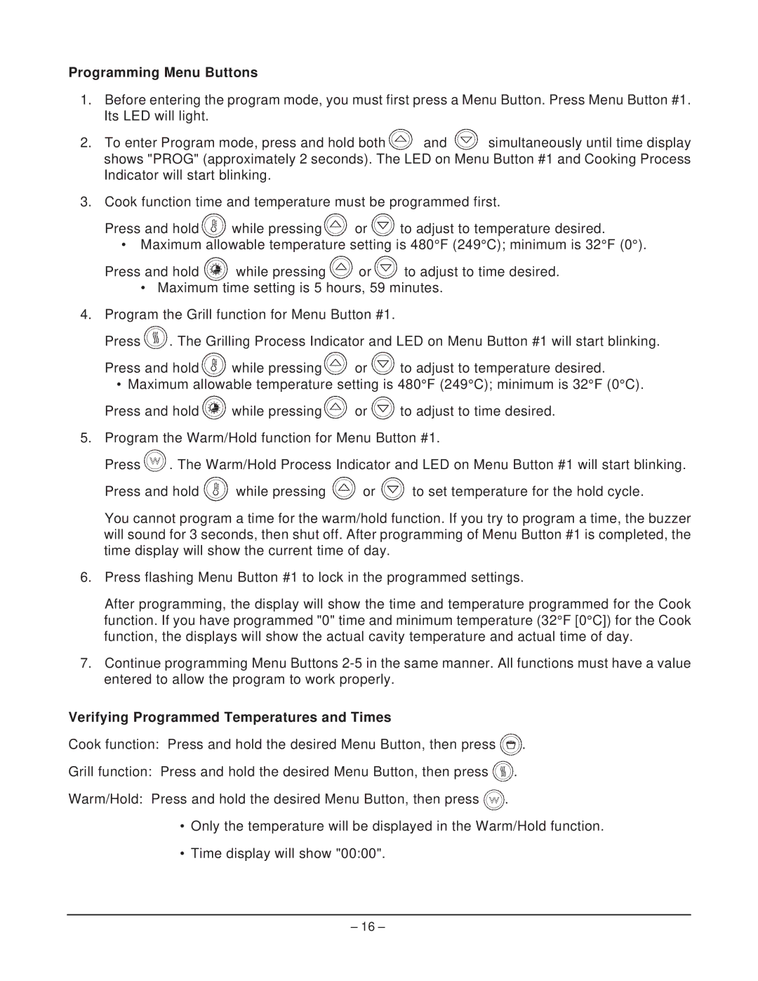 Hobart HR5 manual Programming Menu Buttons, Verifying Programmed Temperatures and Times 