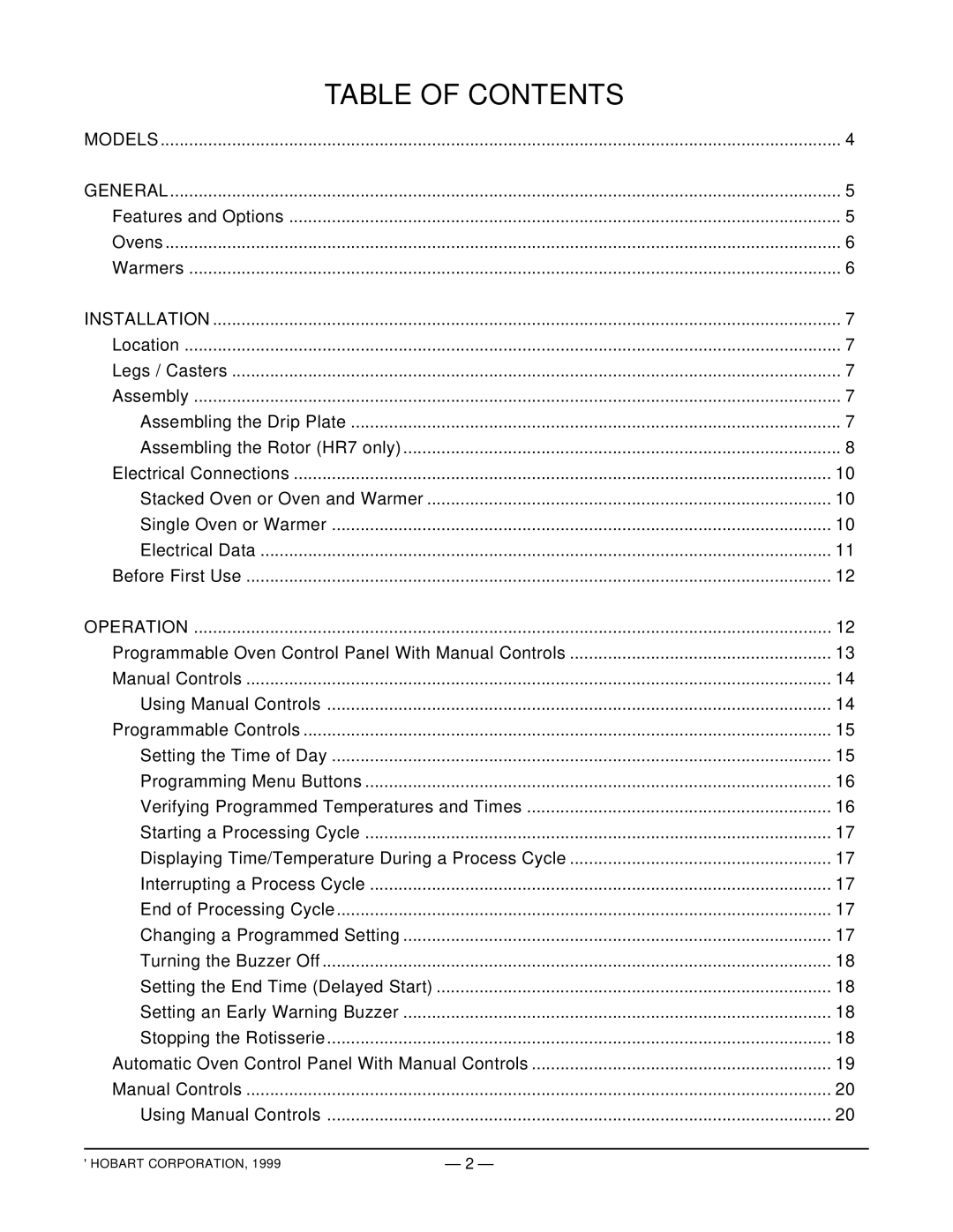 Hobart HR5 manual Table of Contents 