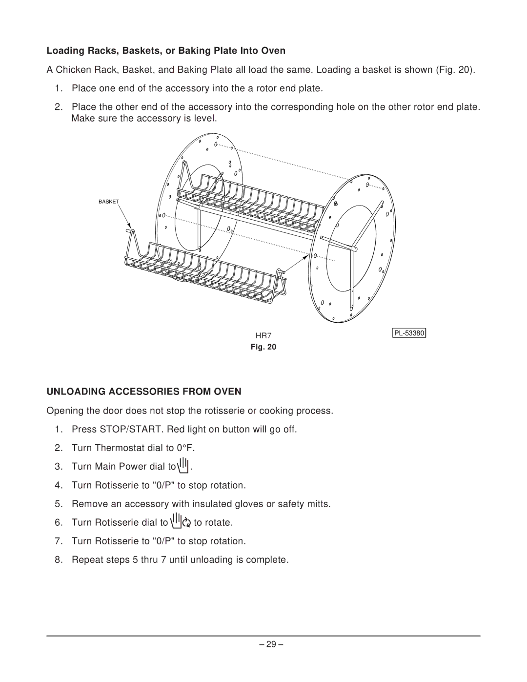 Hobart HR5 manual Loading Racks, Baskets, or Baking Plate Into Oven, Unloading Accessories from Oven 