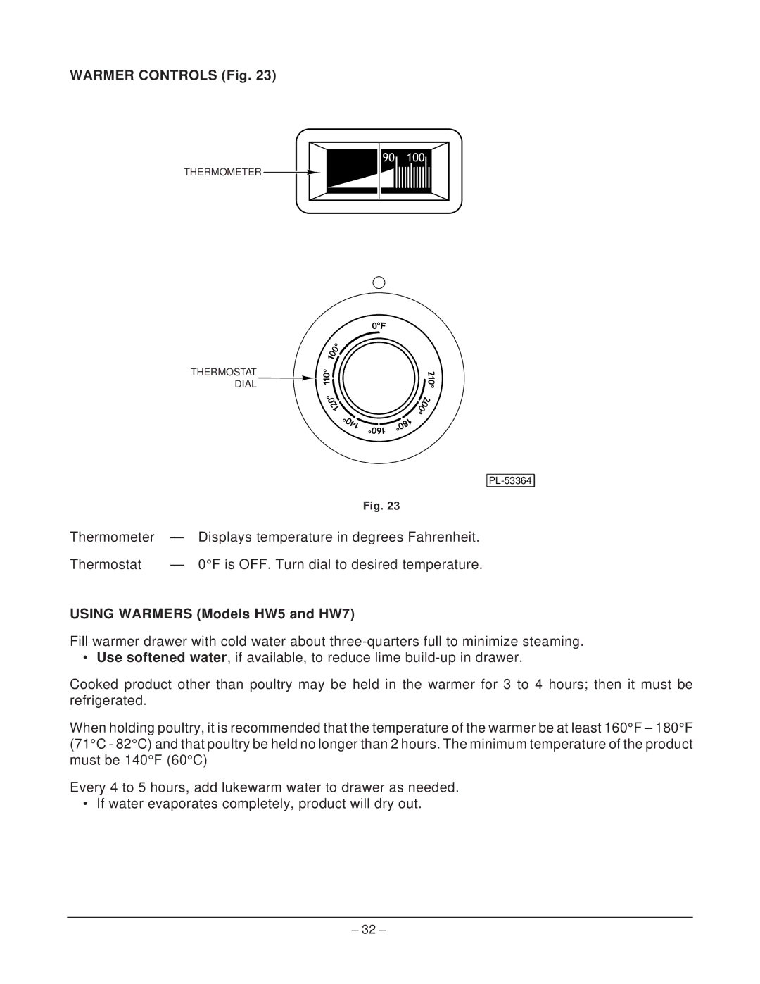 Hobart HR5 manual Warmer Controls Fig, Using Warmers Models HW5 and HW7 