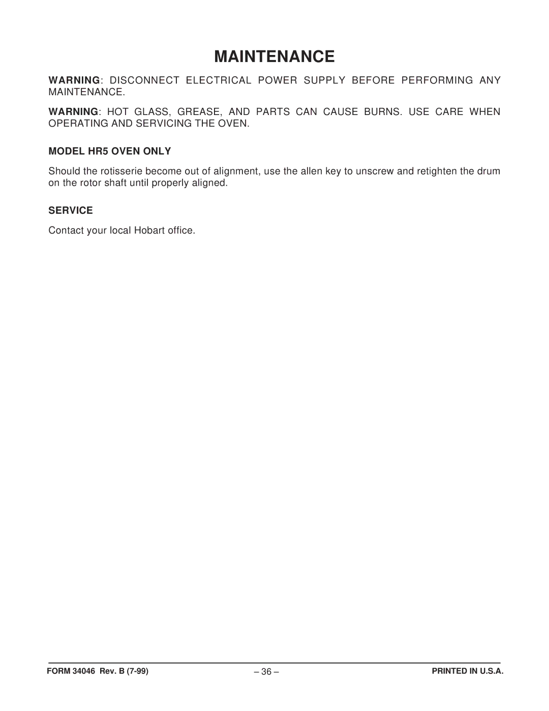 Hobart manual Maintenance, Model HR5 Oven only, Service 