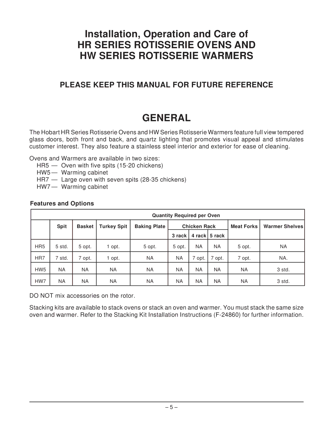 Hobart HR5 manual HR Series Rotisserie Ovens HW Series Rotisserie Warmers, General, Features and Options 